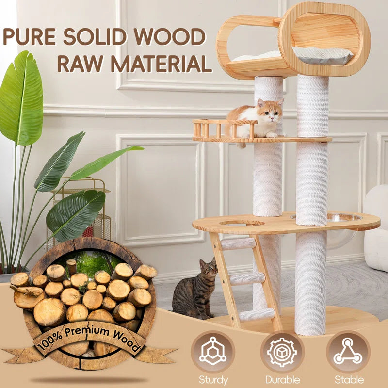 63'' Tall Modern Cat Tree Tower,Luxury Wood Cat Tree for Indoor Cats Large Adults,Heavy Duty Cat Tower with Sisal Scratching Posts,Multi-Level Cat Furniture with Cushion,Clear Bowl for Maine Cats