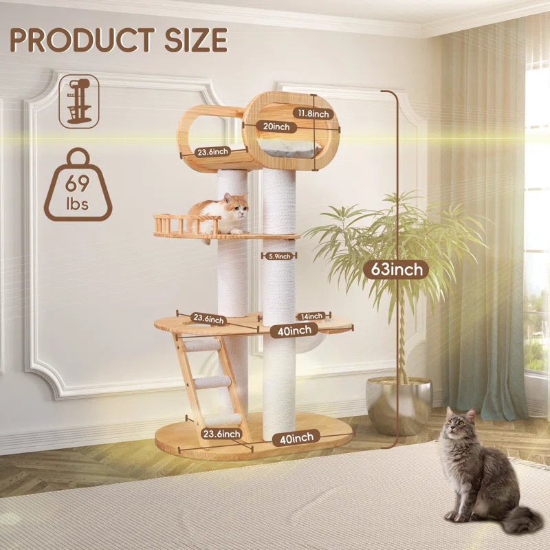 63'' Tall Modern Cat Tree Tower,Luxury Wood Cat Tree for Indoor Cats Large Adults,Heavy Duty Cat Tower with Sisal Scratching Posts,Multi-Level Cat Furniture with Cushion,Clear Bowl for Maine Cats