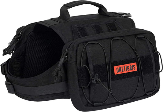 Dog Backpack for Medium & Large Dogs, Nylon Backpack for Dogs Tactical Pet Backpack with Side Pockets for Hiking Walking Training Running (Black, Large)