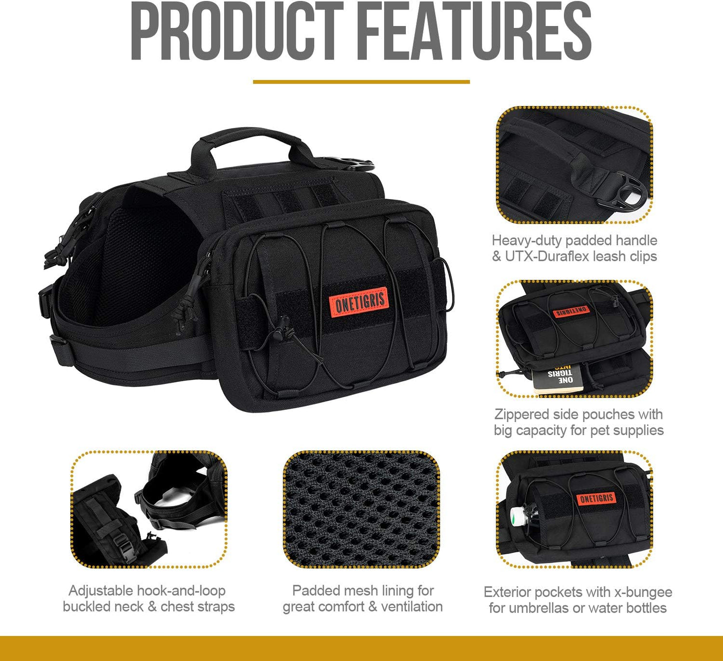 Dog Backpack for Medium & Large Dogs, Nylon Backpack for Dogs Tactical Pet Backpack with Side Pockets for Hiking Walking Training Running (Black, Large)