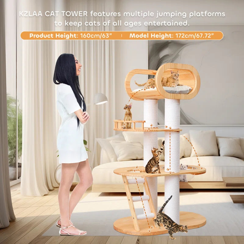 63'' Tall Modern Cat Tree Tower,Luxury Wood Cat Tree for Indoor Cats Large Adults,Heavy Duty Cat Tower with Sisal Scratching Posts,Multi-Level Cat Furniture with Cushion,Clear Bowl for Maine Cats