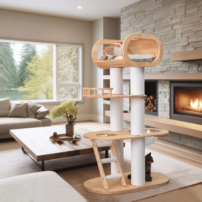 63'' Tall Modern Cat Tree Tower,Luxury Wood Cat Tree for Indoor Cats Large Adults,Heavy Duty Cat Tower with Sisal Scratching Posts,Multi-Level Cat Furniture with Cushion,Clear Bowl for Maine Cats