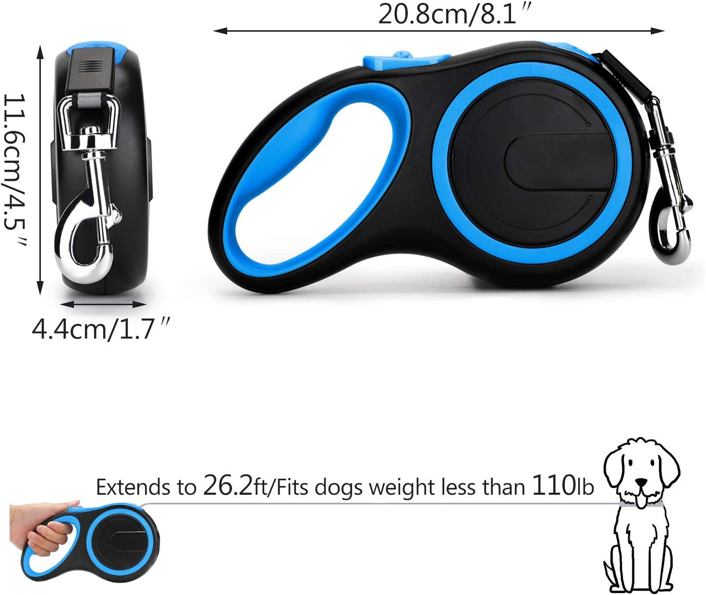Retractable Dog Leash 26 Ft, Dog Retractable Leash for Small Medium Larger Dogs up to 110 Lbs, 1 Button Break & Lock, 360 Tangle-Free, Heavy Duty Long Dog Lead for Training Running Walking