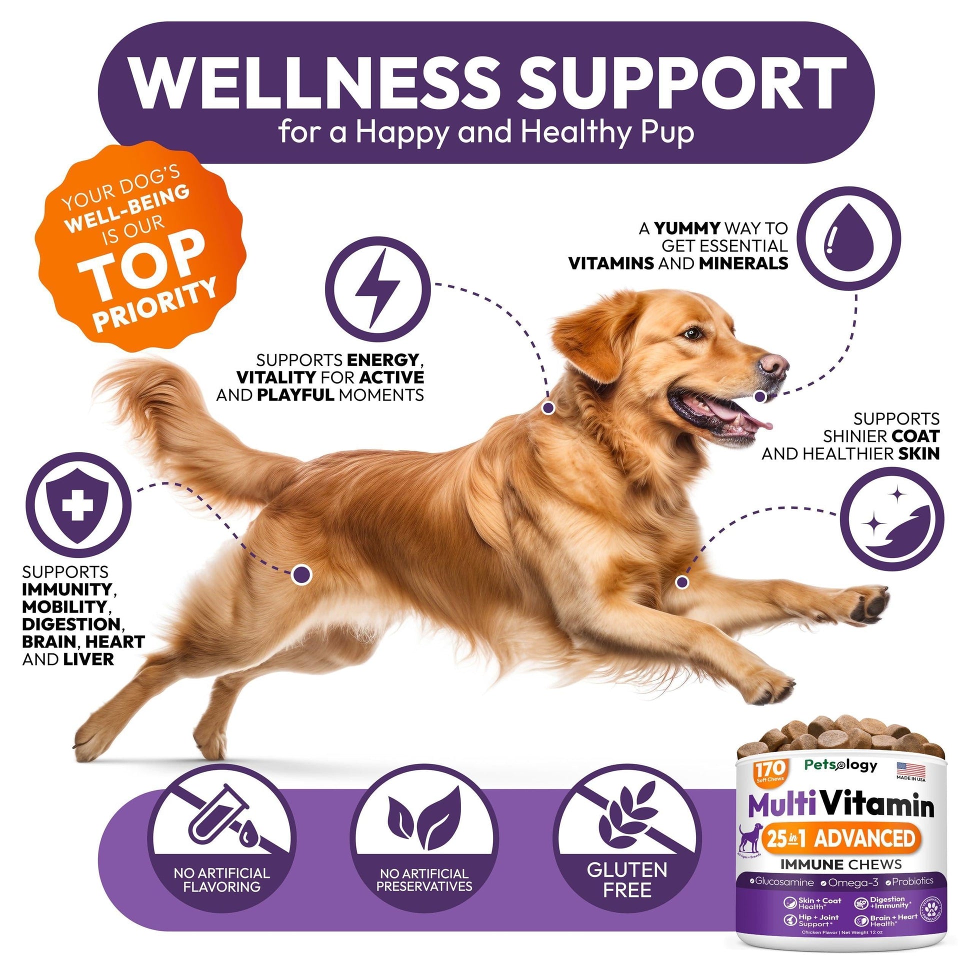 Dog Multivitamin Chewable Vitamins Supplements with Glucosamine 170 Chews Hip
