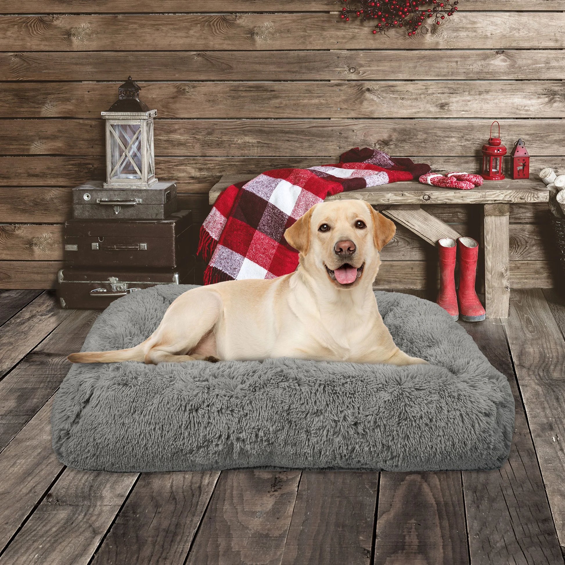(4 Pack)  Large Furry Bolster Dog Bed, Taupe