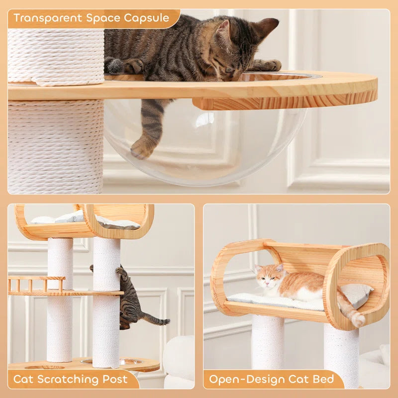 63'' Tall Modern Cat Tree Tower,Luxury Wood Cat Tree for Indoor Cats Large Adults,Heavy Duty Cat Tower with Sisal Scratching Posts,Multi-Level Cat Furniture with Cushion,Clear Bowl for Maine Cats
